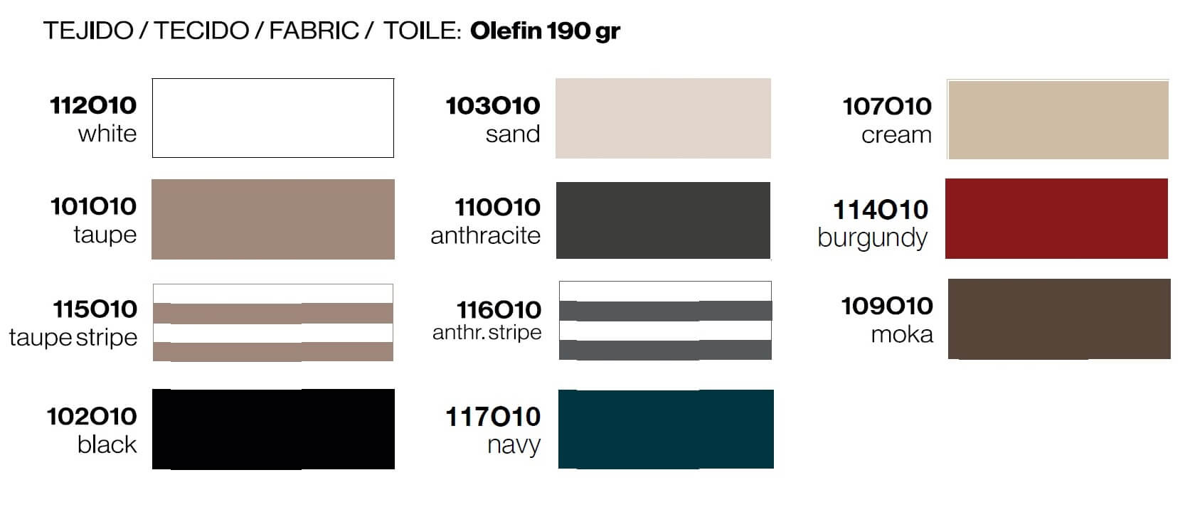 Color chart Olefo fabric for Ezpeleta aluminum umbrellas